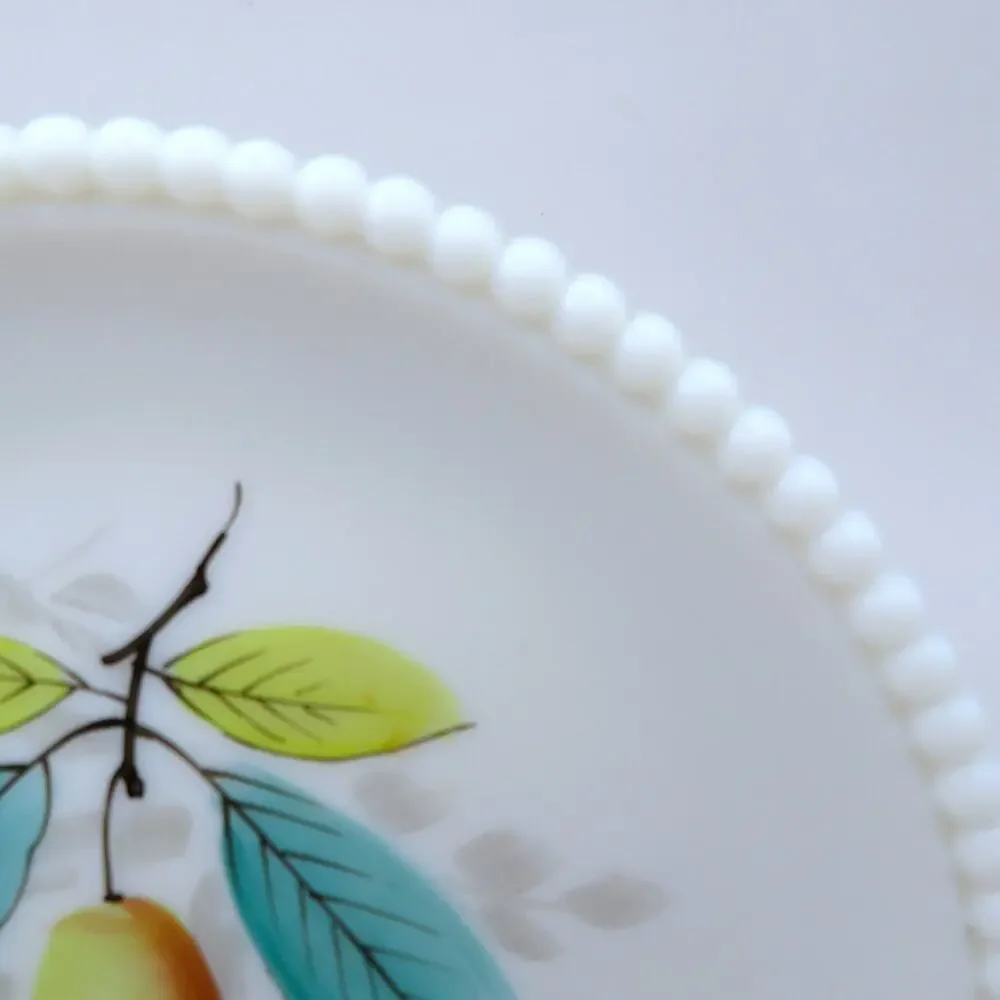 Vintage Milk Glass Decorative Dessert Plate Pear Design Beaded Rim 7.5 Inch